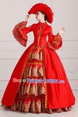 Traditional European Court Princess Renaissance Costume Dance Ball Red Layered Full Dress for Women