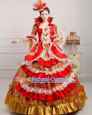 Traditional European Court Princess Renaissance Costume Dance Ball Red Bubble Full Dress for Women