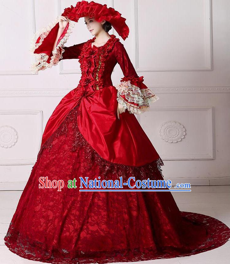 Traditional European Court Noblewoman Renaissance Costume Dance Ball Princess Red Lace Dress for Women