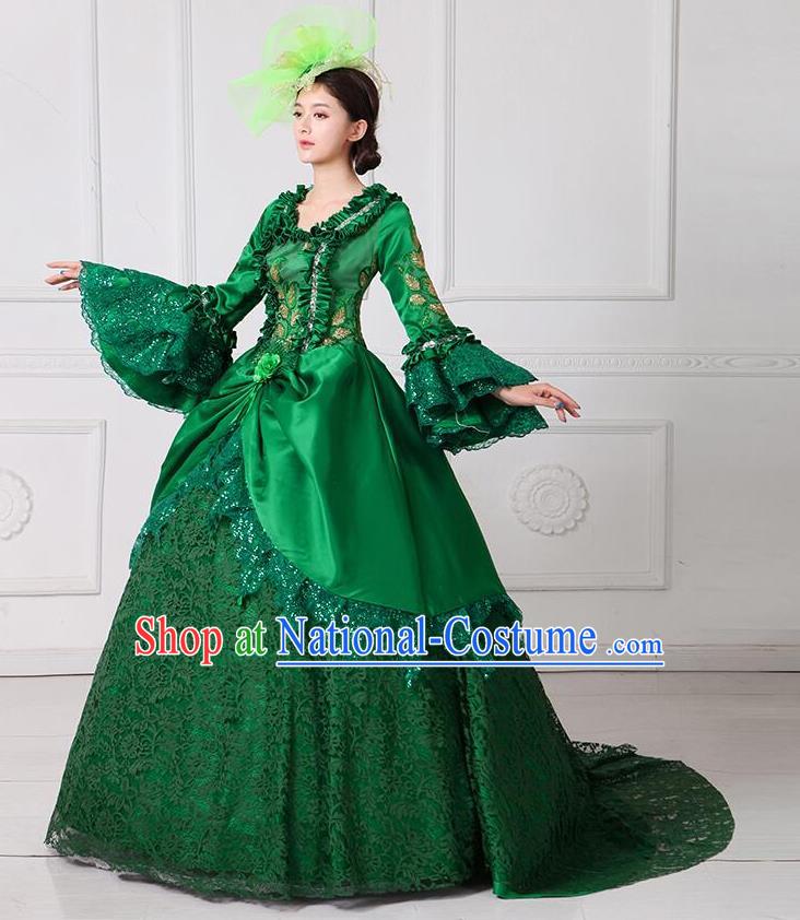 Traditional European Court Noblewoman Renaissance Costume Dance Ball Princess Green Lace Dress for Women