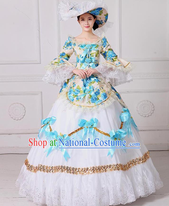 Traditional European Court Noblewoman Renaissance Costume Dance Ball Princess Blue Bowknot Dress for Women