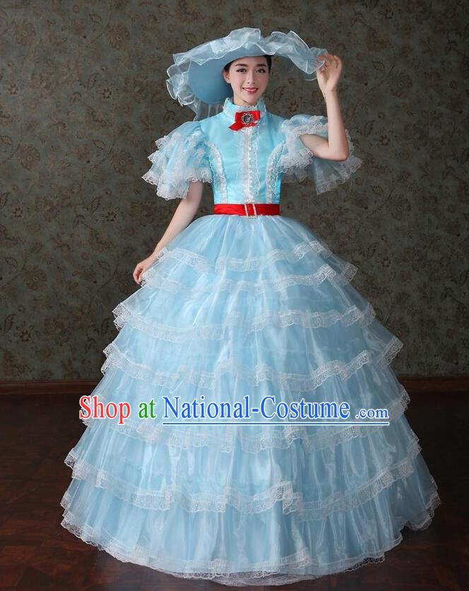 Traditional European Court Noblewoman Renaissance Costume Dance Ball Princess Blue Veil Dress for Women