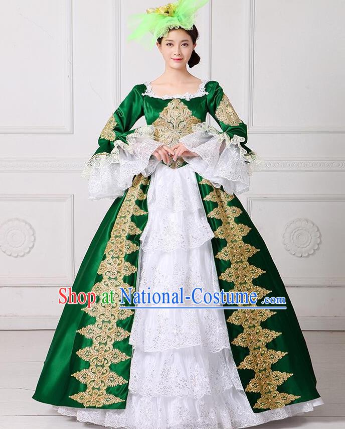 Traditional European Court Princess Renaissance Costume Stage Performance Dance Ball Dowager Green Full Dress for Women