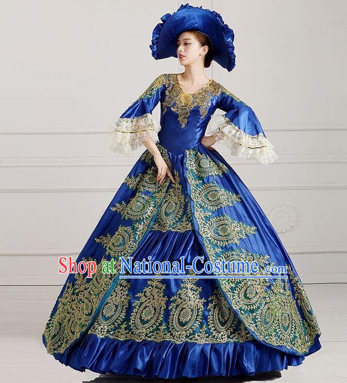 Traditional European Court Princess Renaissance Costume Stage Performance Dance Ball Dowager Royalblue Full Dress for Women