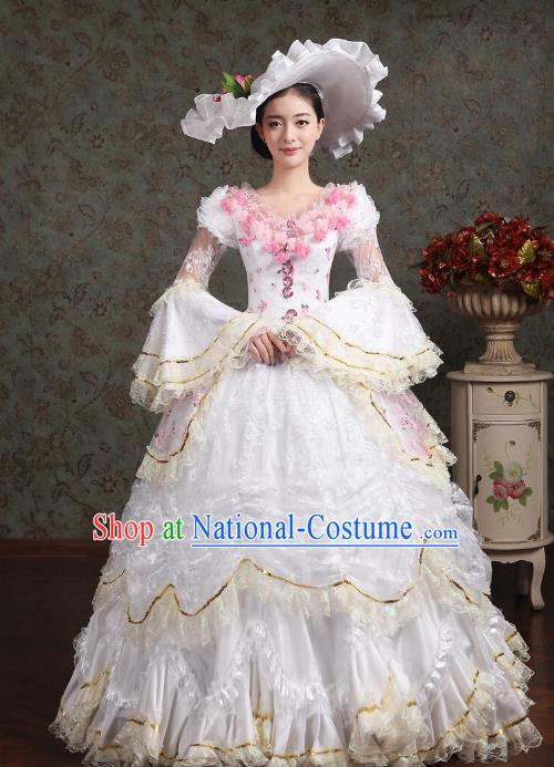 Traditional European Court Noblewoman Renaissance Costume Dance Ball Princess White Bubble Dress for Women