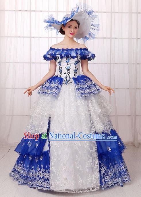 Traditional European Court Noblewoman Renaissance Costume Dance Ball Princess Blue Veil Full Dress for Women