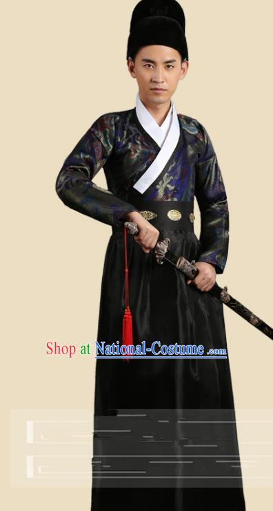 Traditional China Ancient Song Dynasty Imperial Bodyguard Costume Swordsman Black Robe Clothing for Men