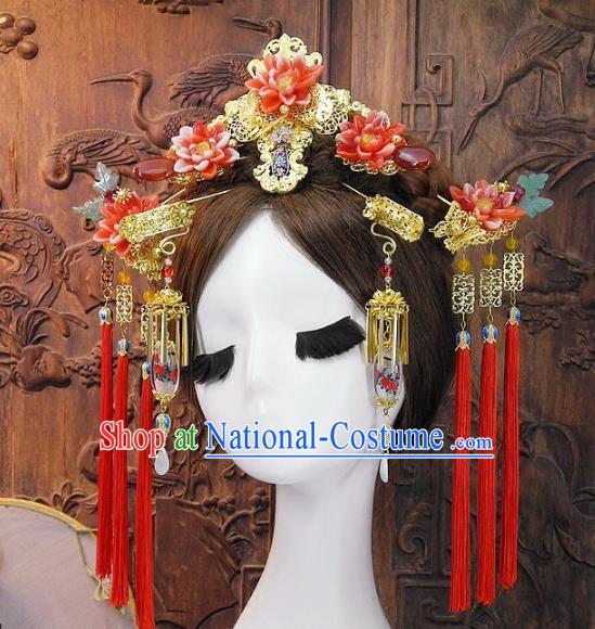 Chinese Handmade Classical Wedding Hair Accessories Ancient Hanfu Red Lotus Phoenix Coronet for Women