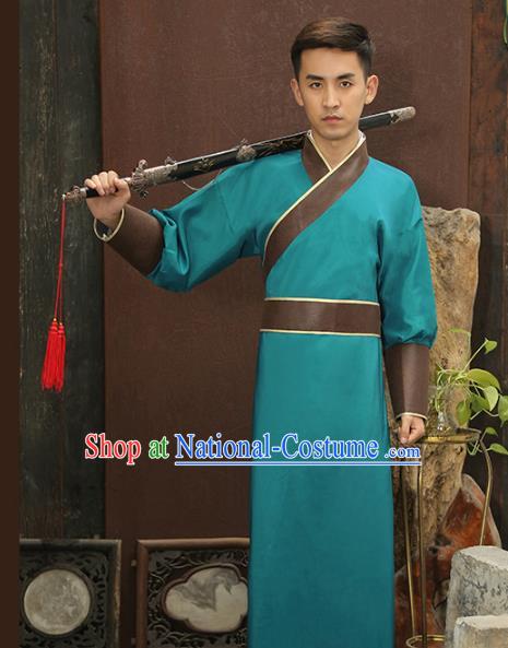 Traditional Chinese Stage Performance Costume Ancient Han Dynasty Swordsman Green Robe for Men