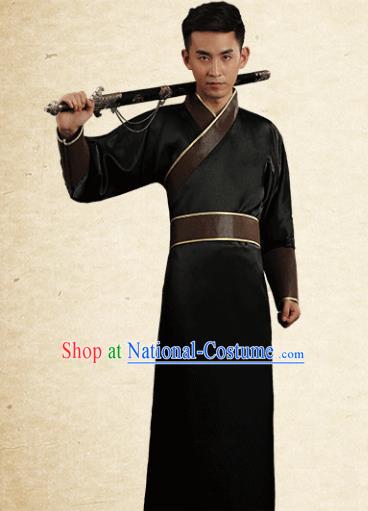 Traditional Chinese Stage Performance Costume Ancient Han Dynasty Swordsman Black Robe for Men