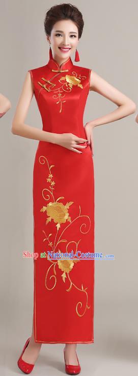 Traditional Chinese National Costume Printing Peony Red Cheongsam Dress for Women