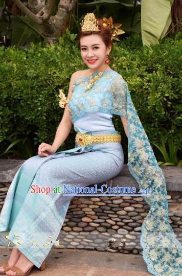 Traditional Asian Thailand Stage Performance Costume National Blue Dress for Women