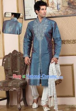 Traditional Asian India Stage Performance Peacock Blue Costume Hindustan Indian Prince National Clothing for Men