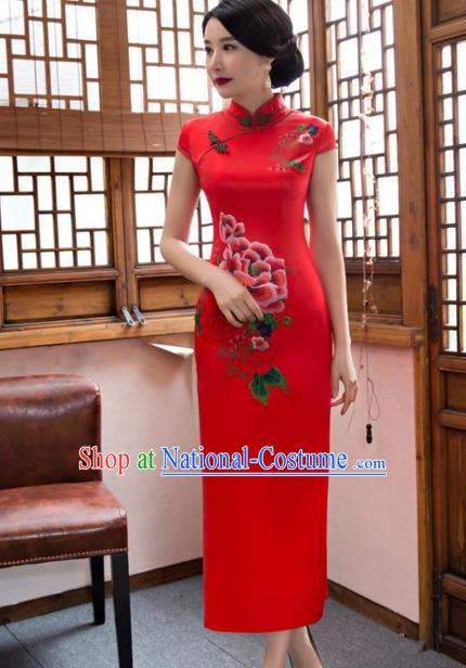 Traditional Chinese National Wedding Costume Printing Peony Red Cheongsam Dress for Women