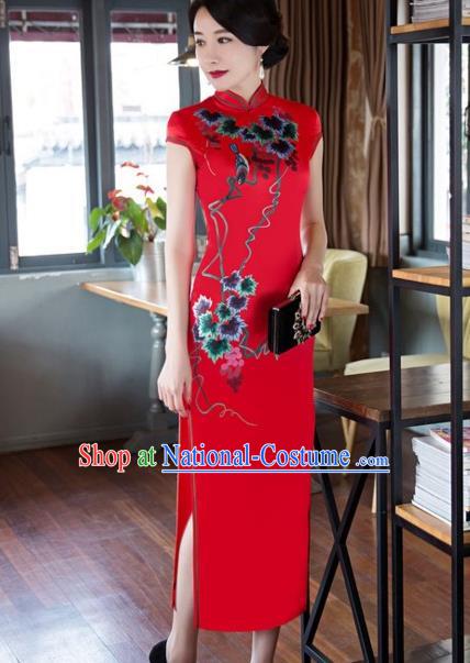 Traditional Chinese National Wedding Costume Printing Red Cheongsam Dress for Women