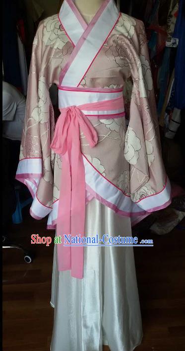 Traditional China Ancient Han Dynasty Royal Princess Costume Hanfu Pink Curving-front Robe for Women