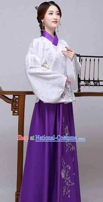 Traditional China Ancient Ming Dynasty Princess Costume Hanfu White Blouse and Purple Skirt for Women