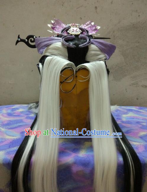 Traditional China Ancient Cosplay Swordswoman Wig and Hair Accessories Headwear for Women