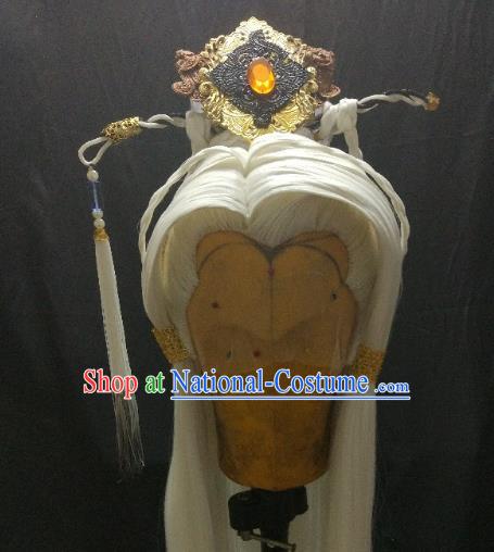 Traditional China Ancient Cosplay Swordsman White Wig and Hair Accessories Headwear for Men