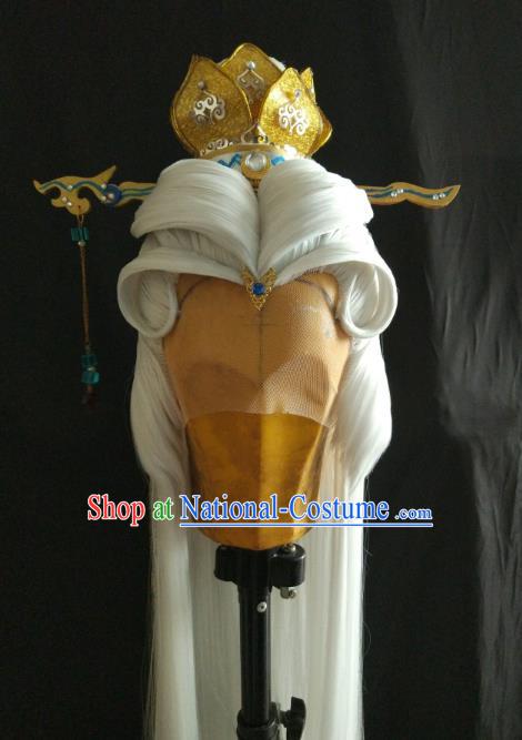 Traditional China Ancient Cosplay Royal Highness Swordsman Knight Wig and Hair Accessories Hairdo Crown for Men