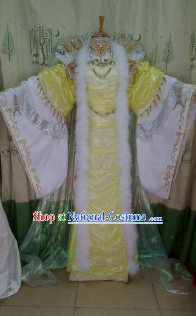 China Ancient Cosplay Asmodians Princess Costume Fairy Traditional Hanfu Yellow Dress for Women