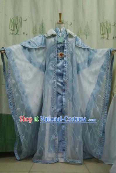 China Ancient Cosplay Halloween Swordswoman Costume Traditional Princess Hanfu Blue Dress for Women