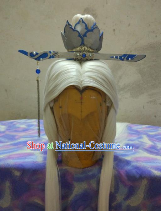 Traditional China Ancient Cosplay Swordsman Hair Accessories Wig and Hairdo Crown for Men