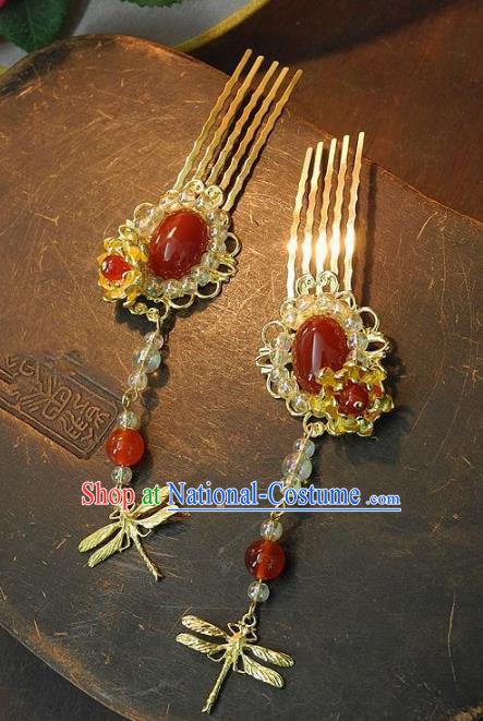 Chinese Handmade Classical Hair Accessories Ancient Wedding Hanfu Agate Hair Combs Hairpins for Women