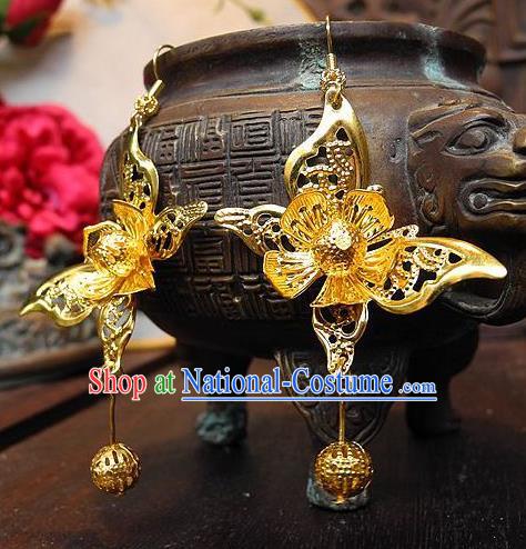 Asian Chinese Traditional Handmade Jewelry Accessories Palace Lady Golden Butterfly Earrings for Women