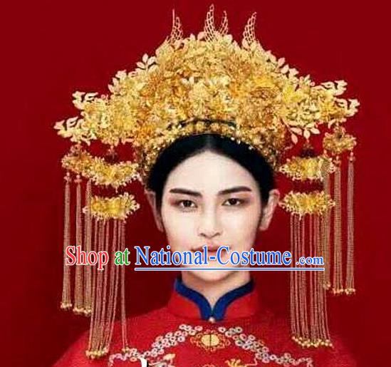 Chinese Handmade Classical Hair Accessories Ancient Wedding Hanfu Golden Phoenix Coronet Headwear for Women