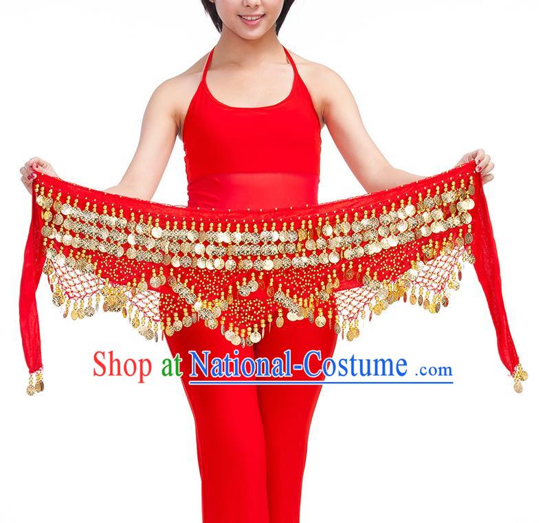 Asian Indian Belly Dance Golden Paillette Red Waistband Accessories India Raks Sharki Belts for Women