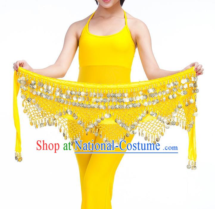 Asian Indian Belly Dance Golden Paillette Yellow Waistband Accessories India Raks Sharki Belts for Women