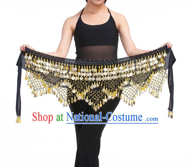 Asian Indian Belly Dance Golden Paillette Black Waistband Accessories India Raks Sharki Belts for Women