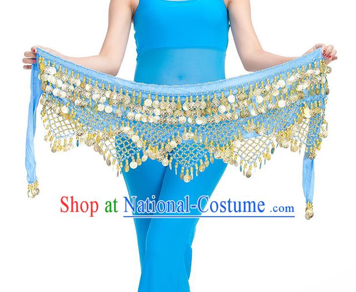 Asian Indian Belly Dance Golden Paillette Blue Waistband Accessories India Raks Sharki Belts for Women