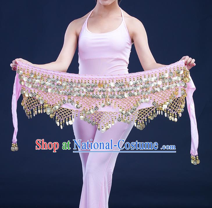 Asian Indian Belly Dance Golden Paillette Pink Waistband Accessories India Raks Sharki Belts for Women