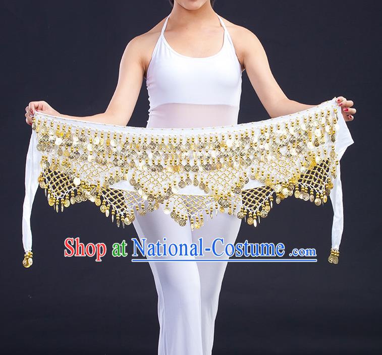 Asian Indian Belly Dance Golden Paillette White Waistband Accessories India Raks Sharki Belts for Women