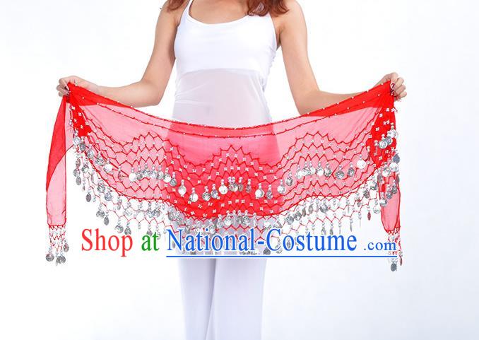 Asian Indian Belly Dance Argent Paillette Red Silk Waistband Accessories India Raks Sharki Belts for Women