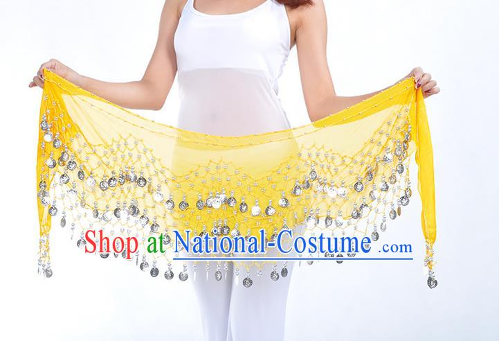 Asian Indian Belly Dance Argent Paillette Yellow Silk Waistband Accessories India Raks Sharki Belts for Women