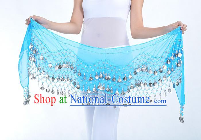 Asian Indian Belly Dance Argent Paillette Blue Silk Waistband Accessories India Raks Sharki Belts for Women