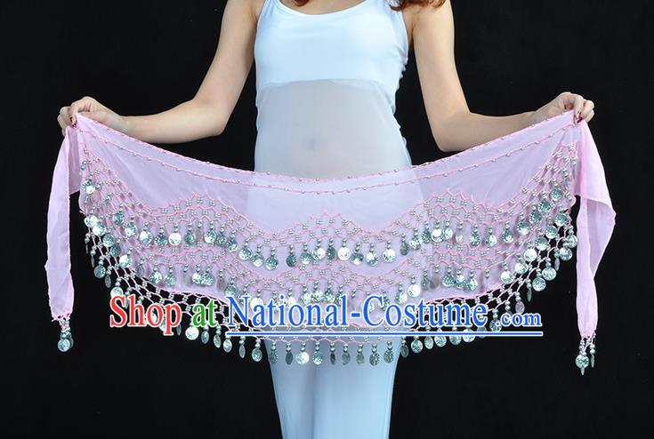 Asian Indian Belly Dance Argent Paillette Pink Silk Waistband Accessories India Raks Sharki Belts for Women