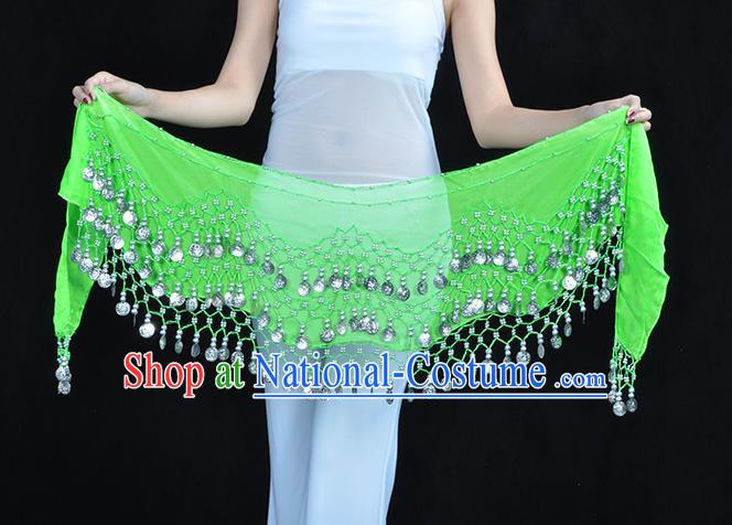 Asian Indian Belly Dance Argent Paillette Light Green Silk Waistband Accessories India Raks Sharki Belts for Women