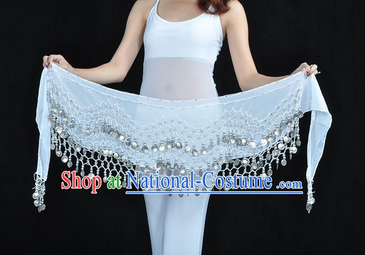 Asian Indian Belly Dance Argent Paillette White Silk Waistband Accessories India Raks Sharki Belts for Women