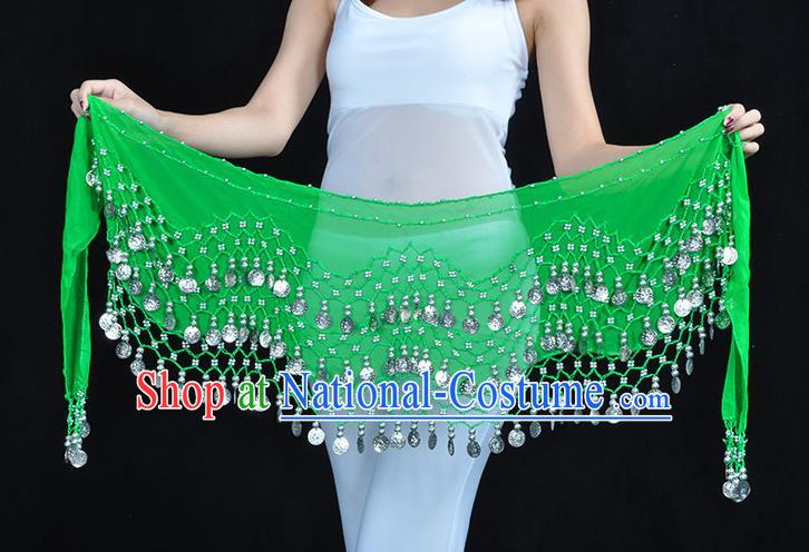 Asian Indian Belly Dance Argent Paillette Green Silk Waistband Accessories India Raks Sharki Belts for Women