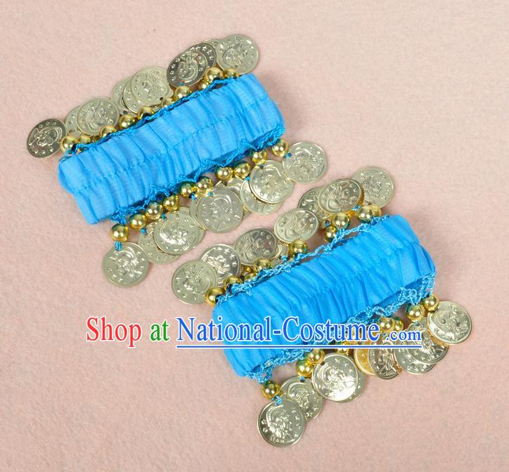 Oriental Indian Belly Dance Accessories Blue Bracelets India Stage Performance Golden Coin Bangle for Women