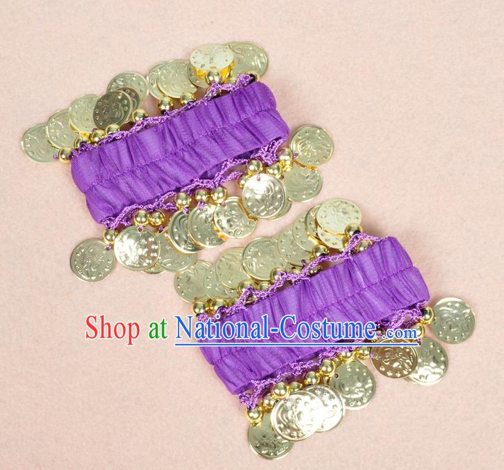 Oriental Indian Belly Dance Accessories Purple Bracelets India Stage Performance Golden Coin Bangle for Women