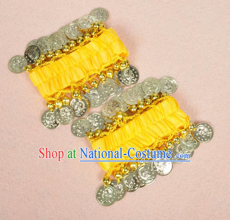 Oriental Indian Belly Dance Accessories Yellow Bracelets India Stage Performance Golden Coin Bangle for Women