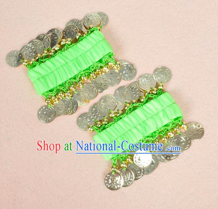 Oriental Indian Belly Dance Accessories Light Green Bracelets India Stage Performance Golden Coin Bangle for Women