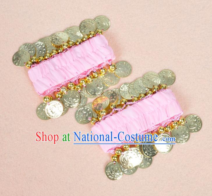 Oriental Indian Belly Dance Accessories Pink Bracelets India Stage Performance Golden Coin Bangle for Women