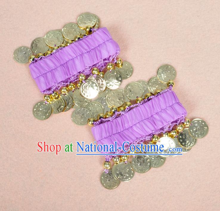 Oriental Indian Belly Dance Accessories Lilac Bracelets India Stage Performance Golden Coin Bangle for Women