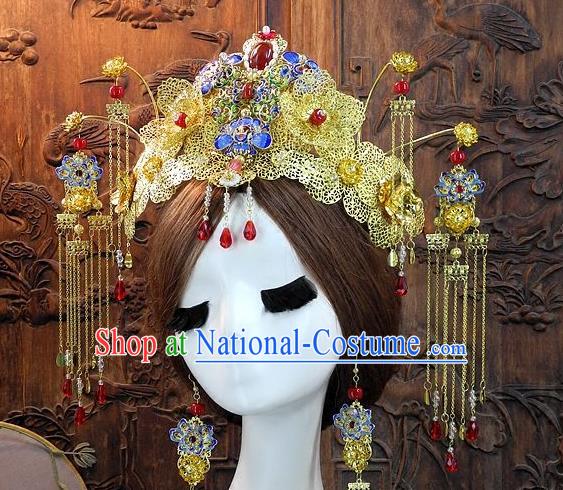 Chinese Handmade Classical Hair Accessories Ancient Wedding Cloisonne Phoenix Coronet Hanfu Headwear for Women